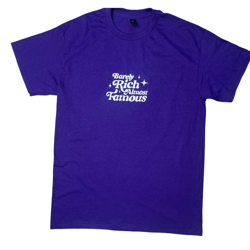 Sz M Barely Rich Almost famous sz Graphic Tee with Glitter Text Purple Graphic